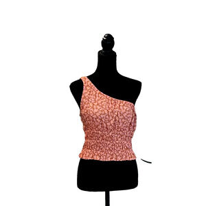 NWT BP Tank Top Pink Floral One Shoulder Smocked Waist Ruffle Hem Crop Sleeveles